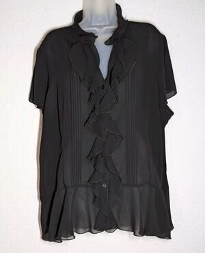 Marianne Sheer Blouse Women's Size 3XL Black Ruffle Front Top Short Sleeve VNeck